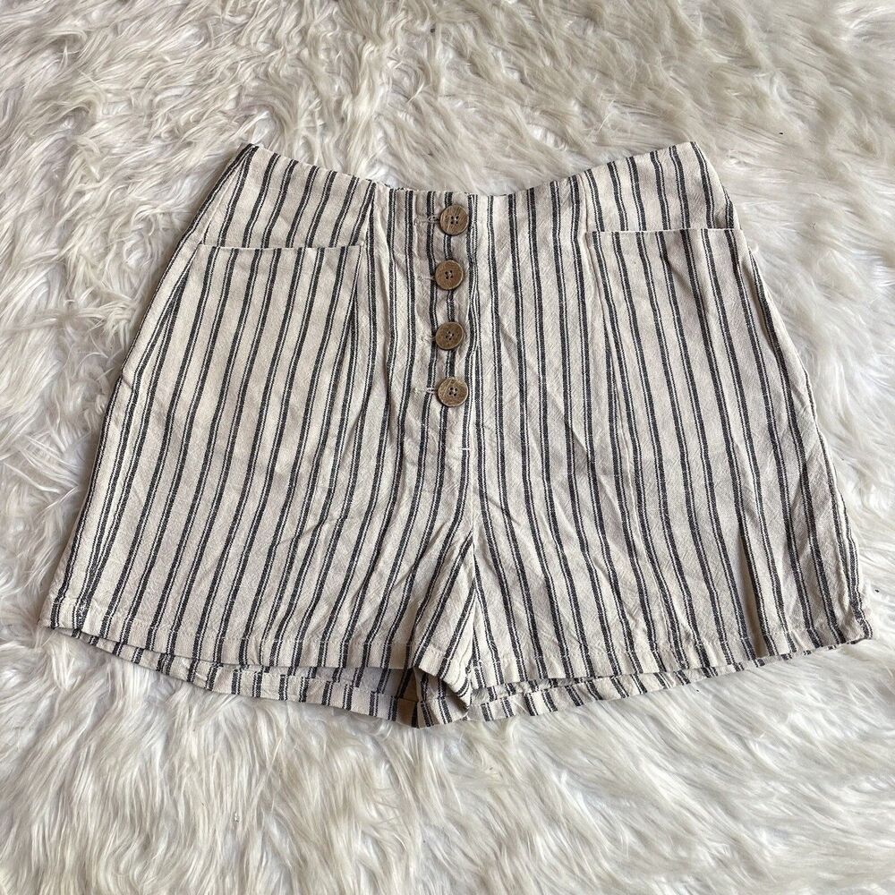 Maurices Linen Button Fly Shorts Womens Sz 6 Beige Striped Coastal Beachy Preppy